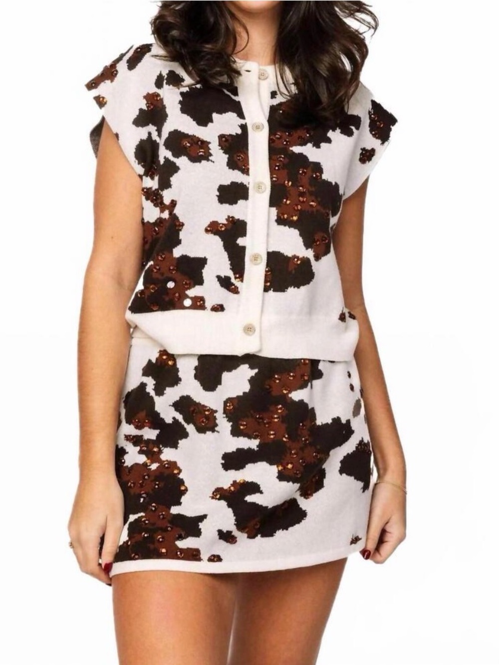 Queen of Sparkles, white & brown sequin cow print vest and skirt NWT Size Large